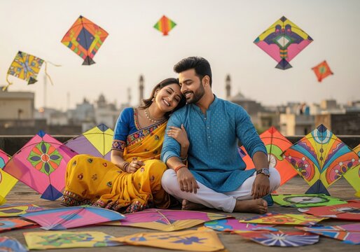 Indian Couple With Kites on Rooftop. Festive Lifestyle Scene.