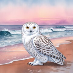A snowy owl stands on the beach, gazing at the ocean waves under a colorful sky at sunset, showcasing a serene and picturesque scene.