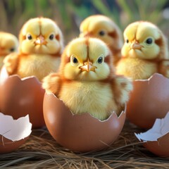 A group of adorable chicks hatching from their eggs, surrounded by straw, showcasing the beauty of new life in a vibrant natural setting.