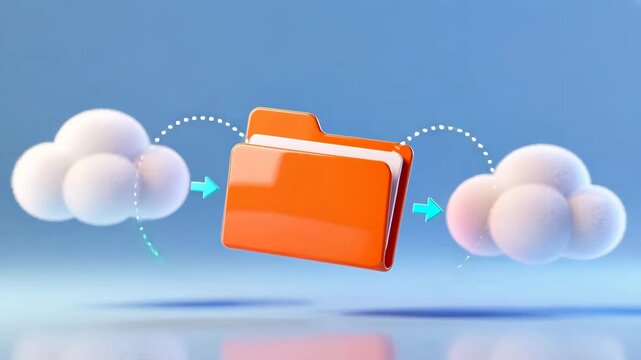 Two white clouds with hovering folder linked by arrows showing file transfer, minimal 3d style, data security, cloud network