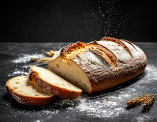 Crusty, sliced loaf of bread on a dark surface with sprinkling flour and wheat stalks