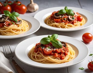 Three plates of pasta with tomato sauce, mushrooms, basil, and grated cheese, near produce