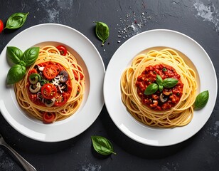 Overhead shot of two plates of spaghetti with red sauce, tomatoes, olives, mushrooms, and basil