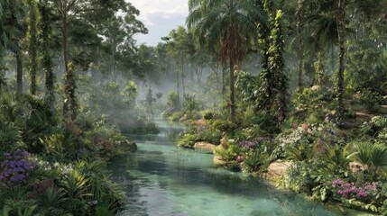 Lush Tropical Rainforest River Scene with Dense Vegetation and Misty Atmosphere.