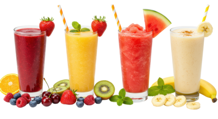 Four vibrant fruit beverages in tall glasses, fresh fruit garnishes on a transparent background, concept for beverage advertising