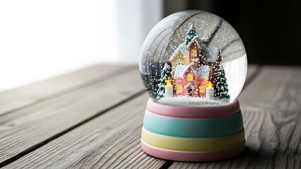 Closeup of a colorful pastel base snow globe featuring a miniature illuminated house and pine tree scene resting on a rustic wooden table with soft natural light