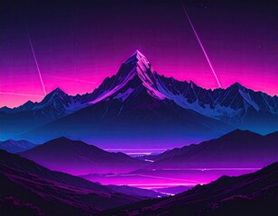 Digital art of a mountain range at twilight, dominated by purple and blue hues