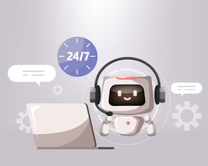 AI chatbot service for customer support. Artificial intelligence for helping clients for 24 hour. Customer service, call center, hotline, customer support technology. Flat vector illustration.