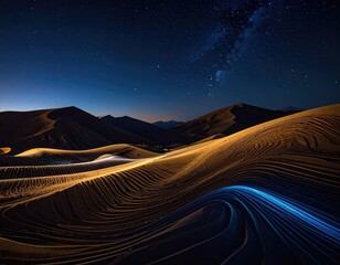 Desert landscape bathed in golden light under a starry night sky, with a blue light trail