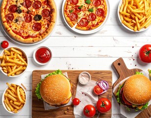 Top-down shot of pizza, burgers, fries, ketchup, tomatoes, and ingredients arranged on a wood surface