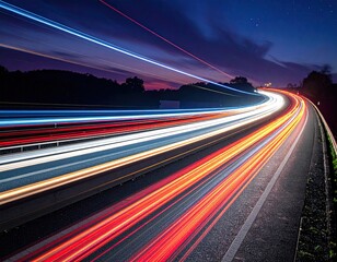 Long exposure shot of car headlights streaks along a curved highway at dusk, under a starry sky