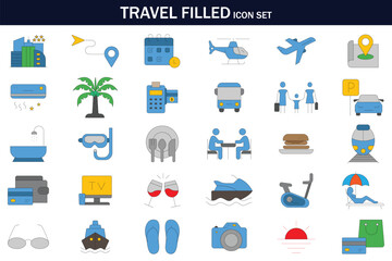 Travel filled icon set featuring transportation, accommodation, activities, navigation, vacation essentials, and leisure symbols. Perfect for tourism, holiday planning, and travel design projects.