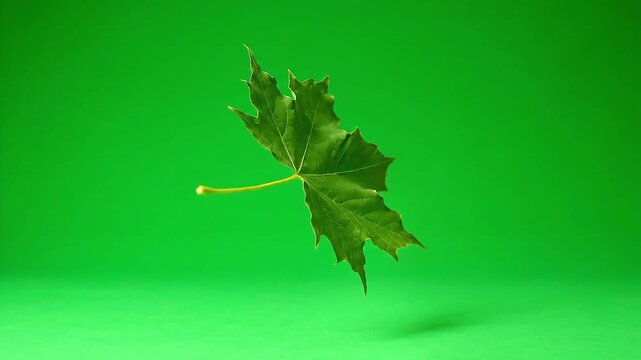 Single green maple leaf floating against a vibrant green background