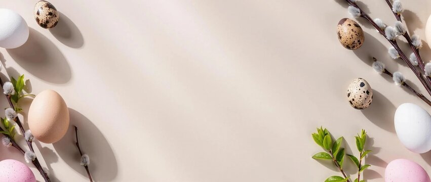 Wide Panoramic Easter Background with Natural and Quail Eggs, Pussy Willows, and Green Branches on a Soft Beige Surface.