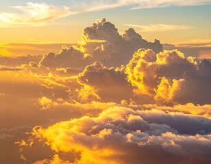 Golden hour illuminates fluffy clouds in a breathtaking aerial vista. A stunning atmospheric display