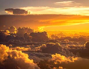 Aerial view of vibrant sunset, showing golden sunlight through dramatic, fluffy cloud formations