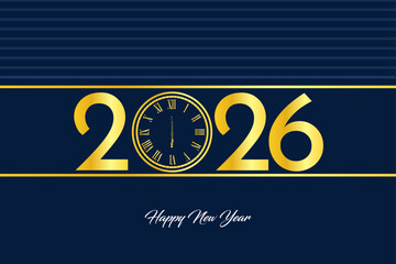 Elegant 2026 New Year Background with Golden Clock on Dark Blue – Luxury Celebration Banner Design