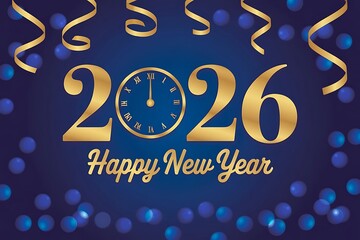 Golden 2026 happy new year vector illustration with clock countdown
