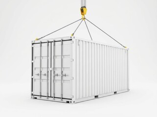 White Shipping Container Suspended by Crane Against a Clean Background.
