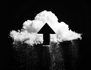 Black and white conceptual image of a cloud with an upward arrow and falling particles