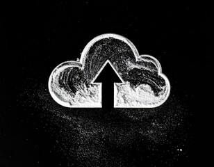 Black & white image of a cloud with upward arrow, symbolising upload or data transfer