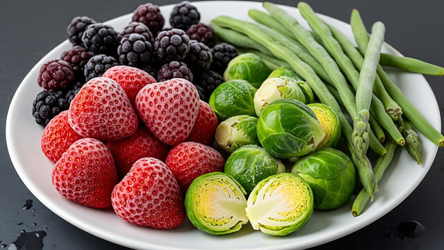 White plate with frozen food in a plate - strawberries with shadberry and brussels sprouts with aspa 44607585 1