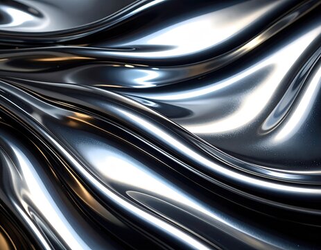 Gleaming, flowing, abstract metallic waves with light reflections. A sleek, rippling, lustrous surface
