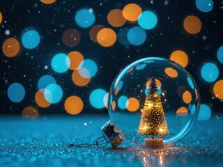 Miniature glowing christmas tree inside a clear glass snow globe with festive blue and orange bokeh lights and falling snow effect