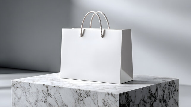 Elegant white shopping bag mockup with rope handles on polished marble block against bright studio background for retail branding