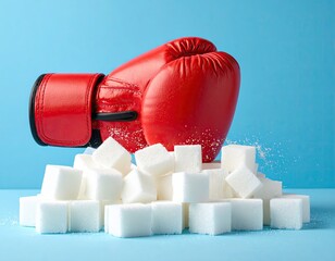 A red boxing glove punches a pile of white sugar cubes against a vibrant blue backdrop