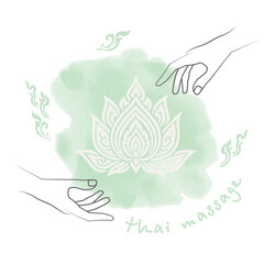 Thai massage in light green. Logo thai massage with hands. Concept  massage with Thai pattern  for your web site design, app, UI. Stock vector. EPS10.