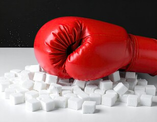 A red boxing glove punches a pile of white sugar cubes, a symbolic fight