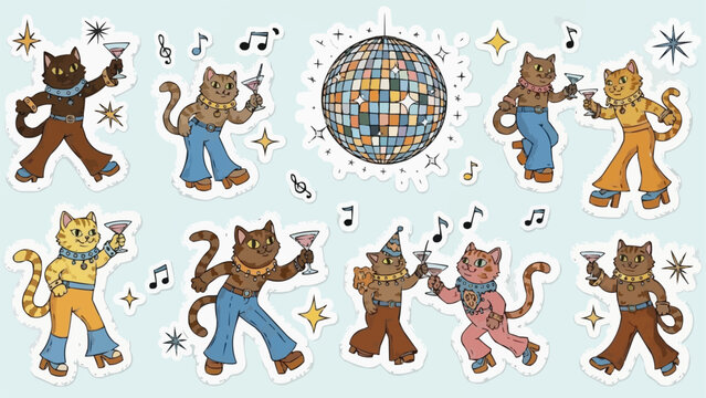 Set of groovy retro cats in 70s outfits dancing at a disco party.