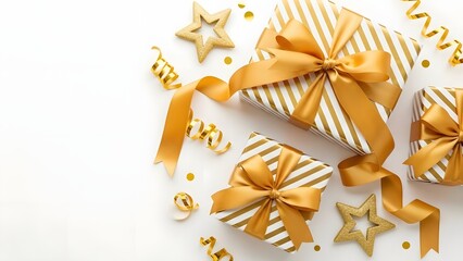 Gold gift boxes and decorations create a festive atmosphere, perfect for celebrations or special occasions. The boxes are beautifully wrapped with gold ribbons