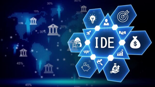 Integrated Development Environment concept with global finance and business icons on a digital map background