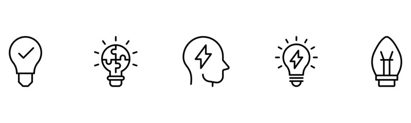 Light vector web line icons depicting light bulbs, ideas, innovation, creativity, and illumination for inspired thinking and solutions.