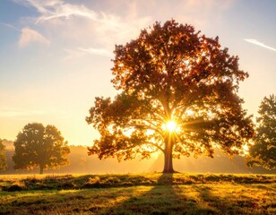Fototapeta premium Golden sunrise illuminates a large tree in a field during autumn. Fog and soft light