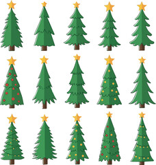 Christmas Tree drawing clipart set. Christmas tree flat icon hand drawn and doodle design clip art collection with green and yellow star decoration elements for December celebration vector white Backg