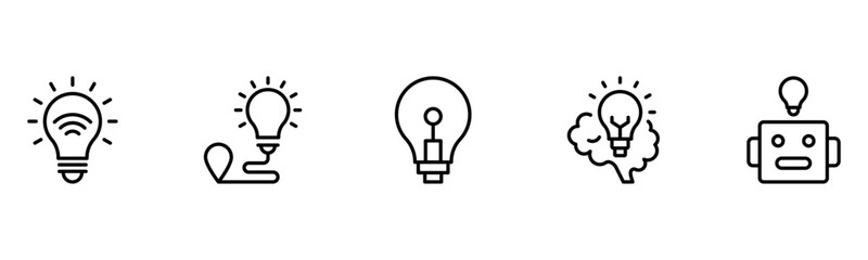 Light vector web line icons depicting light bulbs, ideas, innovation, creativity, and illumination for inspired thinking and solutions.