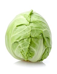 A close-up studio photograph of a head of leafy green cabbage against a pristine white background. The vegetable is fresh and healthy