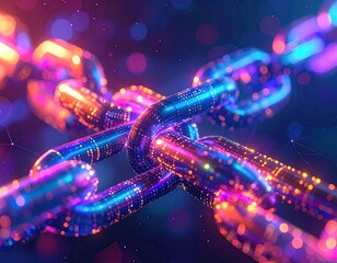 Glowing digital chain links, intricate design with bokeh effect, vibrant colors and technological look