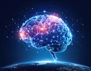 Glowing brain illustration with connected nodes above an Earth image. Neural network