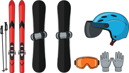Winter sports gear collection featuring skis snowboards helmet goggles and gloves