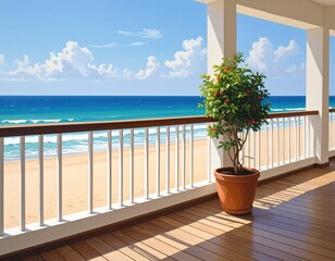 Sunny seaside view from a balcony with wooden floor and lush potted plant