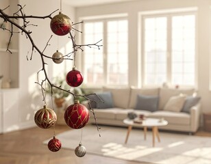 Festive interior scene with Christmas ornaments hanging from a branch in a brightly lit room