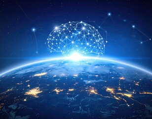 Artistic depiction of a globe with a digital brain overlay in a starlit atmosphere