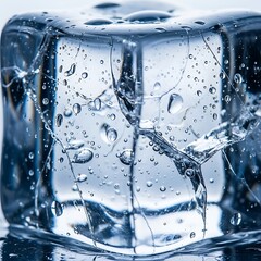 Detailed macro shot of a crystal clear ice cube with visible cracks and condensation