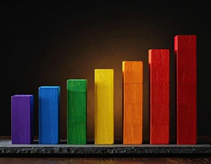 Colorful wooden blocks in a bar graph formation, ascending then descending on a black surface