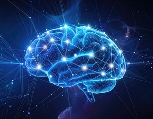 Glowing blue human brain with connected nodes representing neural networks in a dark space