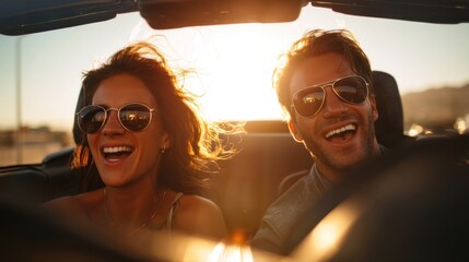 A man and a woman are smiling and laughing while driving in a car. The man is wearing sunglasses and the woman is wearing a necklace. Scene is happy and carefree